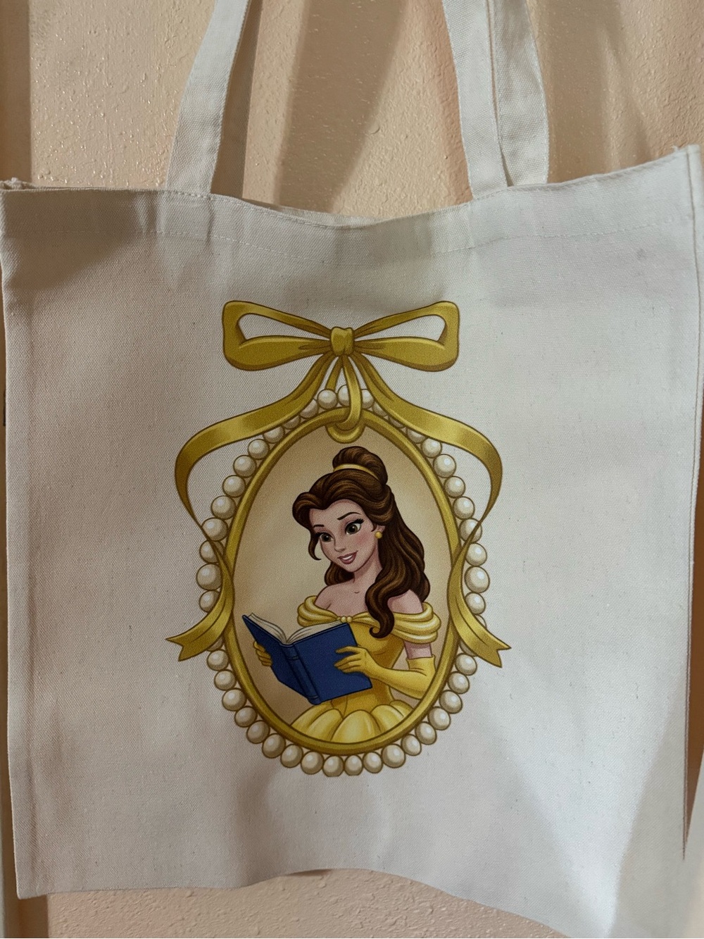 White Canvas Tote Bag with Yellow Princess Frame Print
